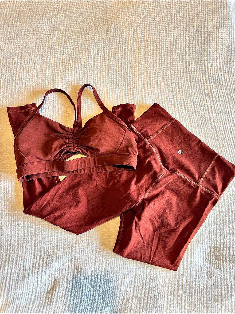 Athleta Ultra High Rise cinnamon leggings (S) and matching bra (M) Like New